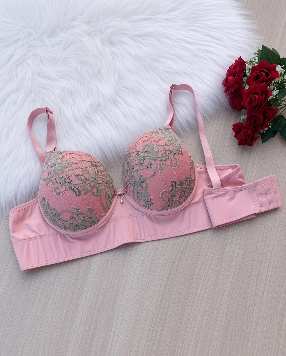 Sutiã com Barra Dupla Laterais Largas e Renda Sobreposta Rosa