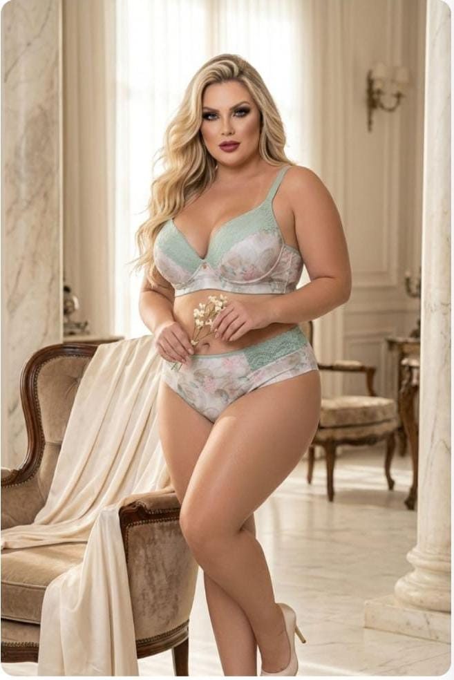 Conjunto Plus Size em Ligante Estampada com Detalhes de Renda -